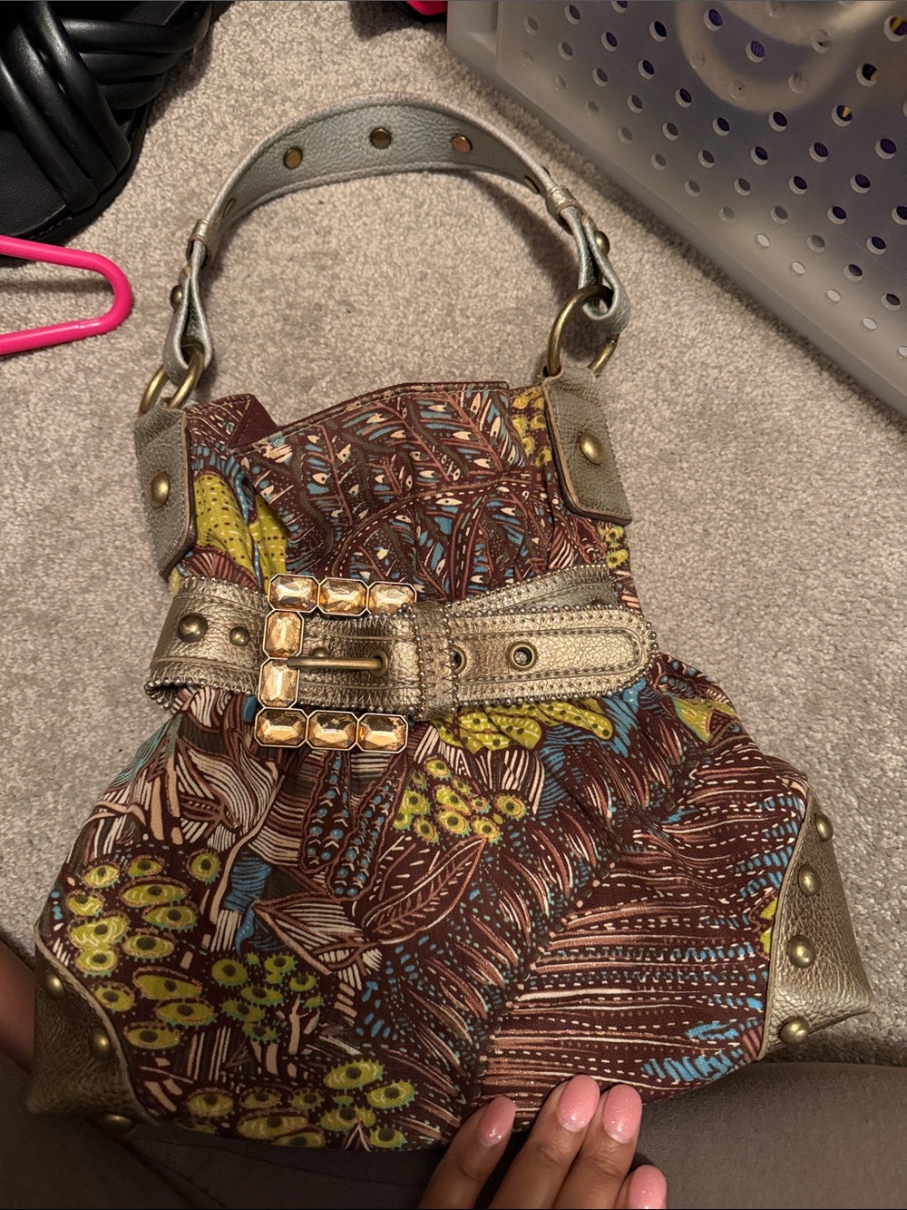 Gold-Accent Brown Floral Print Shoulder Bag